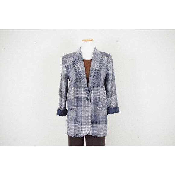 Vintge 90s Blue Plaid Oversized Blazer | size S‎ - Picture 9 of 10